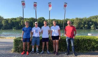 Elias Dickenschied, Bronze-Gewinner Len Grubert, Mathis Seckler, Katja Beerscht und Trainer Peter Plötz