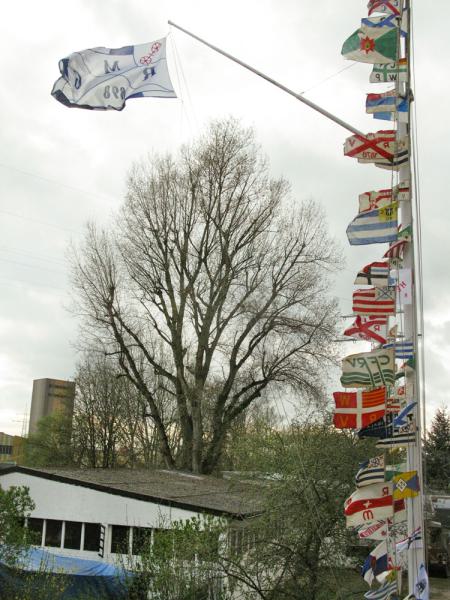 Das Bootshaus der MRG mit Flaggenbaum davor